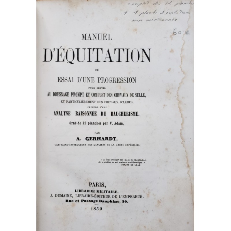 Manuel d'équitation ou essai d'une progression pour servir ... (vendu)